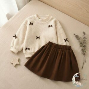Khaki Bow Top and Skirt Outfit for Toddler Girls