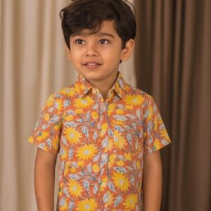 Yellow Floral Hand Block Print Kids Shirt
